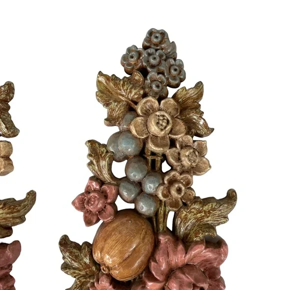 Vintage MCM Wall Hanging Candle Holder Cottagecore 1960s Fruit Floral Syroco Set